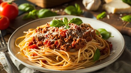  a plate of spaghetti with meat sauce and parmesan cheese on a table next to a knife and fork.