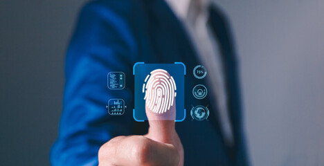 Businessman Fingerprint scanning and biometric authentication, cybersecurity and fingerprint...