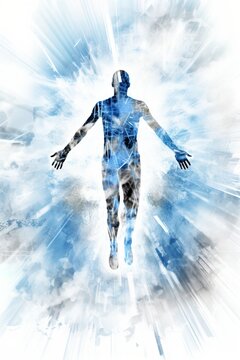 Blue translucent man transcending spacetime