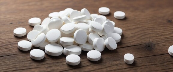 Scattered white pills on wooden table, close up view. Healthcare and medicine. Generative AI