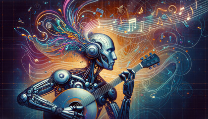 Futuristic AI Music Fusion: Metallic humanoid robot playing futuristic instrument with vibrant,...