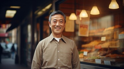 Fototapeta premium Asian middle age male standing in front of bakery