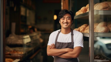 Asian middle age male standing in front of bakery