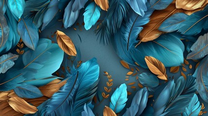 Vibrant 3D wallpaper with blue, turquoise leaves, feathers, gold details, light background, integrated with oak and nut wood wicker, Artwork, seamless texture integration, - obrazy, fototapety, plakaty