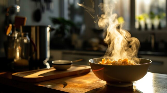  a bowl of food with steam rising out of it on a wooden cutting board next to a pot of cooking utensils.