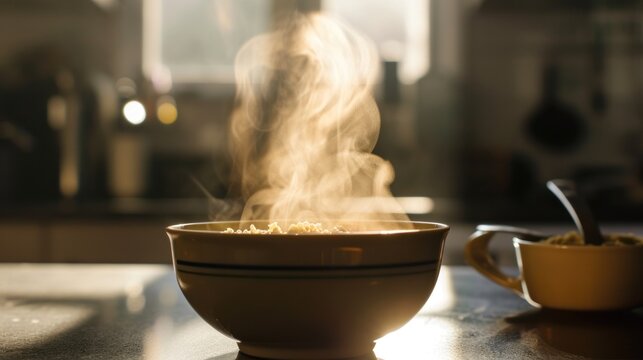  a bowl of food sitting on top of a table next to a bowl of food with steam rising out of it.