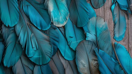 Vibrant blue, turquoise, gray feather design, light 3D wallpaper, with oak, nut wood wicker panels, Photography, realistic wood texture,
