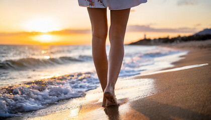 Closeup of woman's feet on sandy beach at sunset, evoking travel, relaxation, and summer vibes