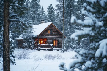 A cozy winter cabin in the snow-covered woods.