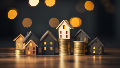 small wooden house models on top of coins created with Generative AI