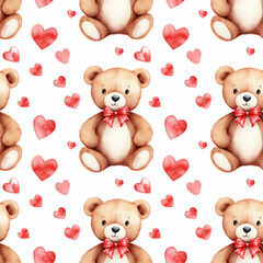 Watercolor seamless pattern with teddy bear holding a red heart