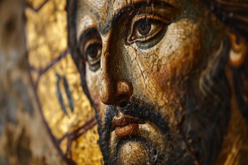 Close-up of Jesus Christ's face in a fresco, capturing emotion and spirituality.