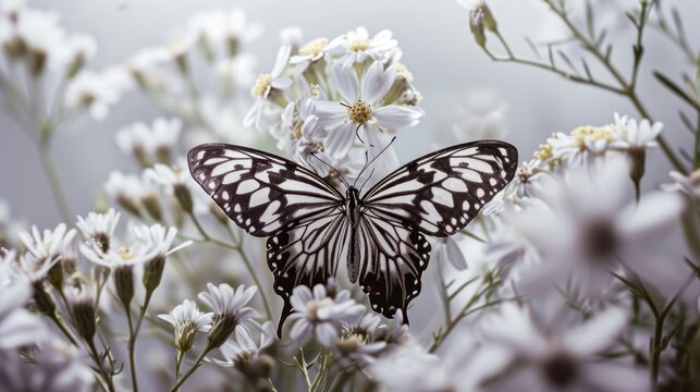  a black and white butterfly sitting on top of a bunch of white and white flowers with a sky in the background.