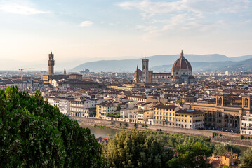 Skyline of downtown Florence during sunset, seen from the famous Piazzale Michelangelo