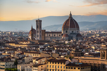 Skyline of downtown Florence during sunset, seen from the famous Piazzale Michelangelo