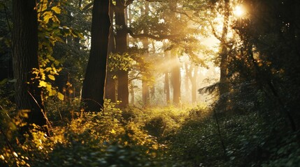  the sun shines through the trees in a forest filled with tall, leafy, green, and leafy trees.