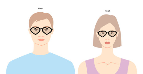 Heart frame glasses on women and men flat character fashion accessory illustration. Sunglass front view unisex silhouette style, rim spectacles eyeglasses with lens sketch outline isolated on white