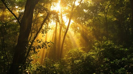 Obraz premium the sun shines through the trees in a forest filled with lush green plants and trees, while the sun shines through the trees in the distance.