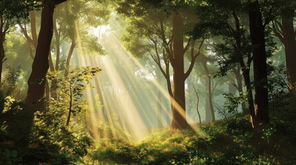  a painting of sunlight shining through the trees into a forest filled with lush green grass and tall, leafy trees.