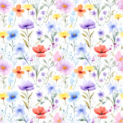 Seamless pattern with wild spring flowers on white background