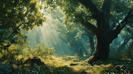  a painting of a forest scene with sunlight streaming through the trees and the sun shining through the canopy of the trees. - obrazy, fototapety, plakaty