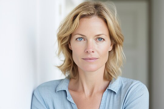 Portrait of beautiful middle aged woman with blue eyes looking at camera