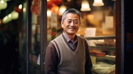 Fototapeta premium Asian senior male standing in front of bakery