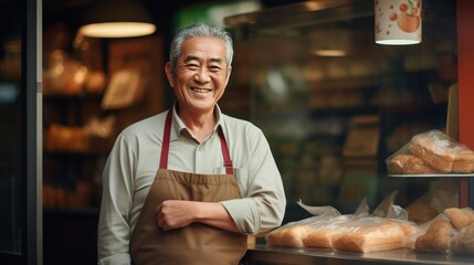 Asian senior male standing in front of bakery