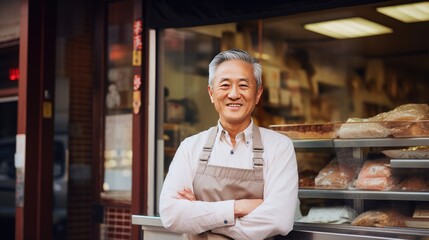 Fototapeta na wymiar Asian senior male standing in front of bakery