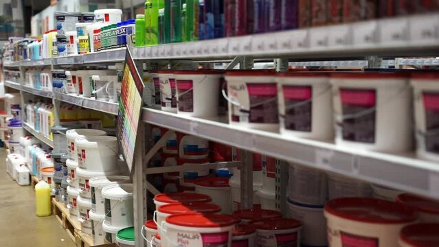 sale of various paints in a store. High quality FullHD footage