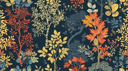  a dark blue background with orange, yellow, and red flowers and leaves on a dark blue background with yellow, orange, and green leaves.