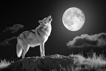 Lone wolf howling under a full moon Wild call