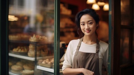 Asian young female standing in front of bakery