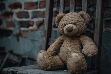Time-worn teddy bear on an old wooden chair Childhood memories