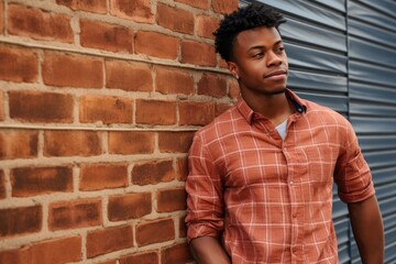 A young adult stands against a brick wall, wearing a stylish orange checkered shirt.