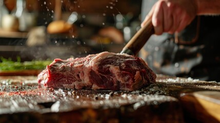  a person chopping up a piece of meat on a cutting board with a knife and sprinkles of salt on it.