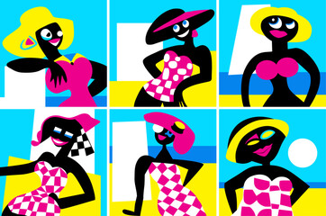 Set of six cubist-style vector illustrations of black women at the beach.