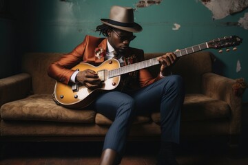 A musician in a rust-colored jacket, dark blue trousers and a classic hat plays an electric guitar