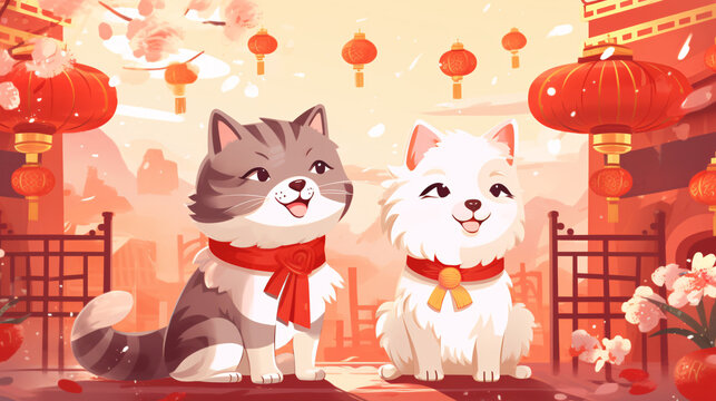 Pet cats and dogs celebrate Chinese New Year illustration background
