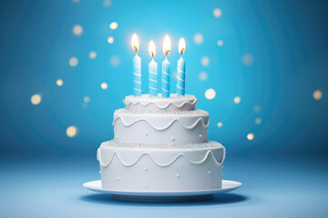 White cake with candles on blue background