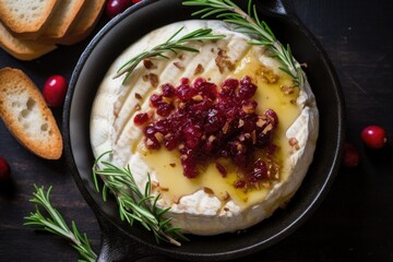 Blue cheese in cranberry sauce with fresh rosemary