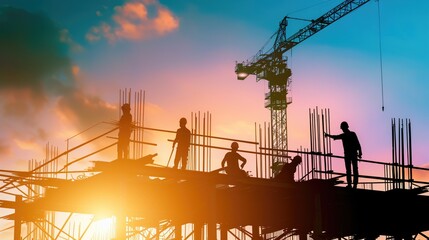 Abstract workers at construction site, Generative AI