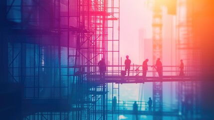 Abstract workers at construction site, Generative AI