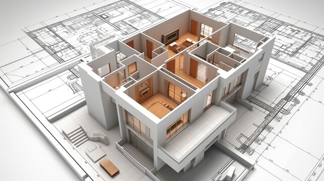 3d building model on architecture blueprint, Generative AI