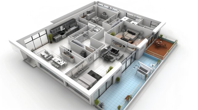 3d building model on architecture blueprint, Generative AI
