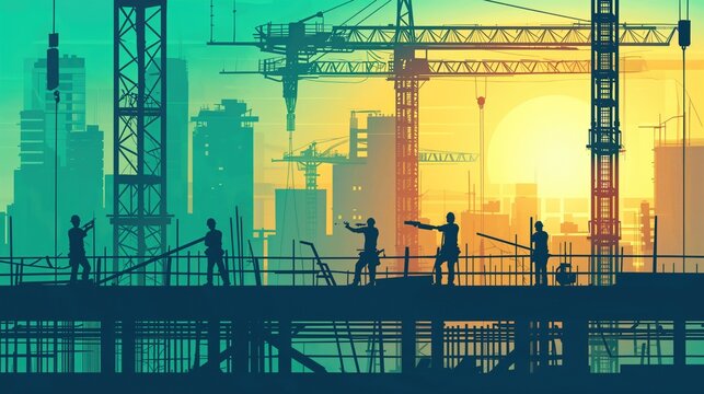 Abstract workers at construction site, Generative AI
