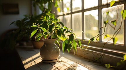  a potted plant sitting on a window sill next to a window sill with the sun shining through.