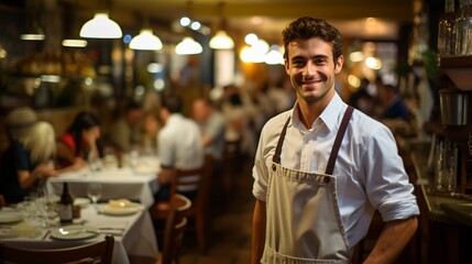 Waiter wearing apron standing in restaurant - obrazy, fototapety, plakaty
