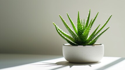  a close up of a plant in a pot on a table with a light coming through the window behind it.