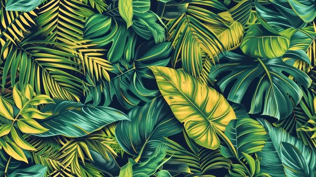  a close up of a bunch of green and yellow tropical leaves on a black background with yellow and green leaves. © Anna